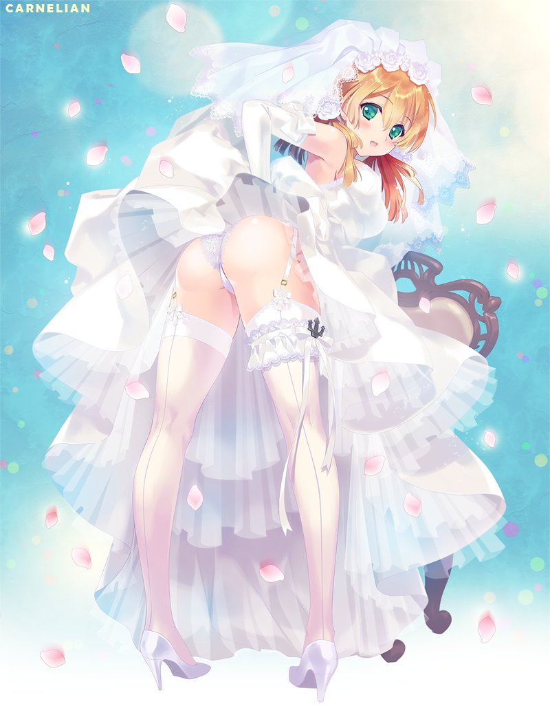 1girl anchor bent_over blonde_hair breasts bridal_veil carnelian commentary_request dress elbow_gloves eyebrows_visible_through_hair flower full_body garter_straps gloves green_eyes hair_between_eyes hair_flower hair_ornament hair_over_shoulder high_heels kantai_collection leg_garter long_hair looking_at_viewer looking_back low_twintails medium_breasts panties petals pigeon-toed prinz_eugen_(kantai_collection) solo standing thigh-highs twintails underwear veil wedding_dress white_dress white_gloves white_legwear white_panties