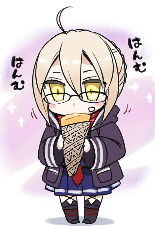 1girl ahoge artoria_pendragon_(all) bespectacled black-framed_eyewear blonde_hair blush braid chibi commentary_request crepe eating fate/grand_order fate_(series) food food_on_face glasses hood hooded_jacket jacket long_sleeves mysterious_heroine_x_(alter) plaid plaid_scarf puyo red_scarf scarf school_uniform solo standing thigh-highs yellow_eyes