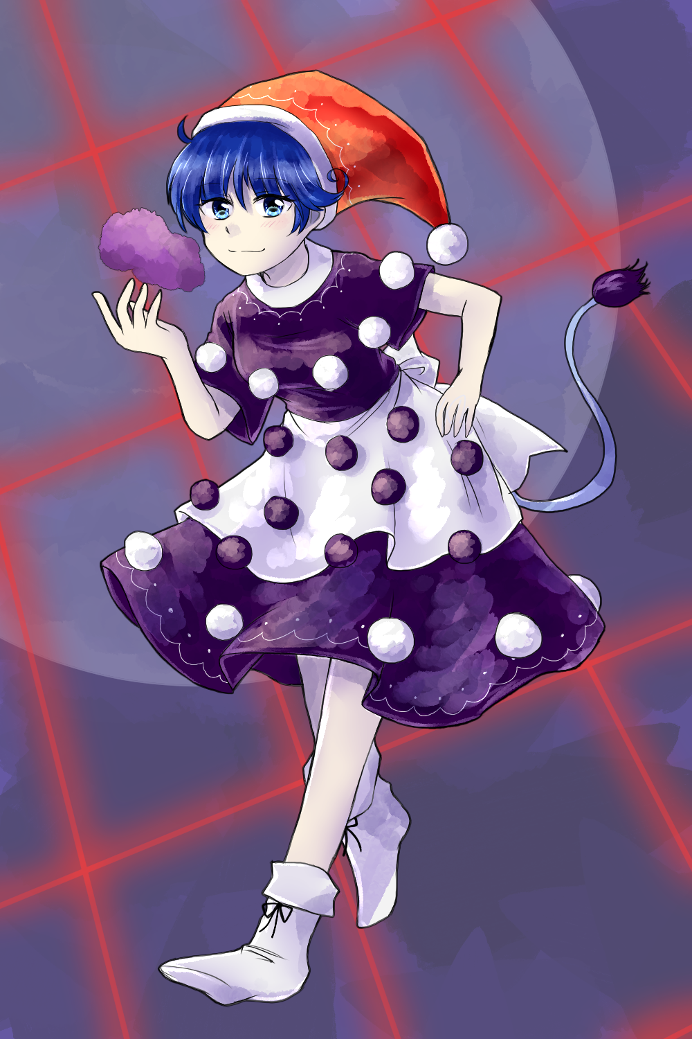 1girl apron blue_eyes blue_hair boots doremy_sweet dream_soul dress full_body hajimakura hat highres looking_at_viewer nightcap pom_pom_(clothes) short_hair short_sleeves smile solo standing tail tapir_tail touhou