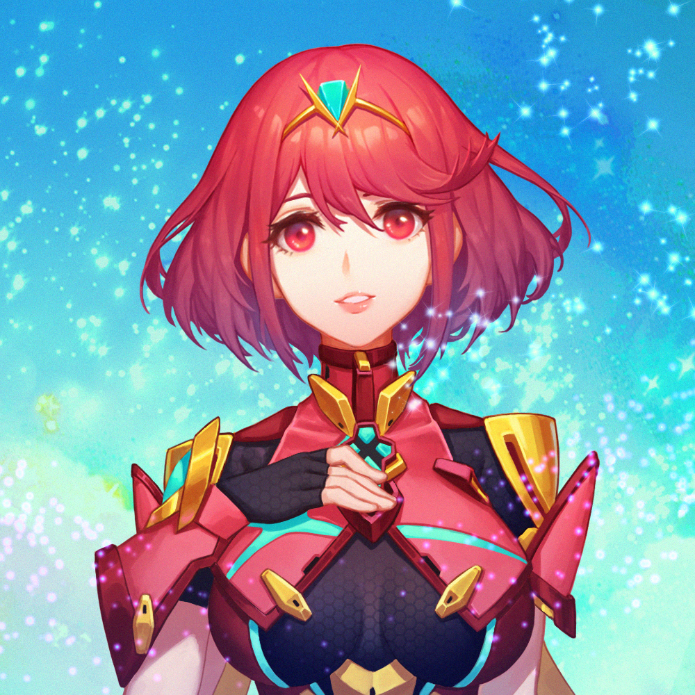 1girl armor artist_request bangs blush breasts earrings fingerless_gloves gloves hair_ornament pyra_(xenoblade) jewelry large_breasts looking_at_viewer red_eyes redhead short_hair simple_background smile solo tiara xenoblade_(series) xenoblade_2