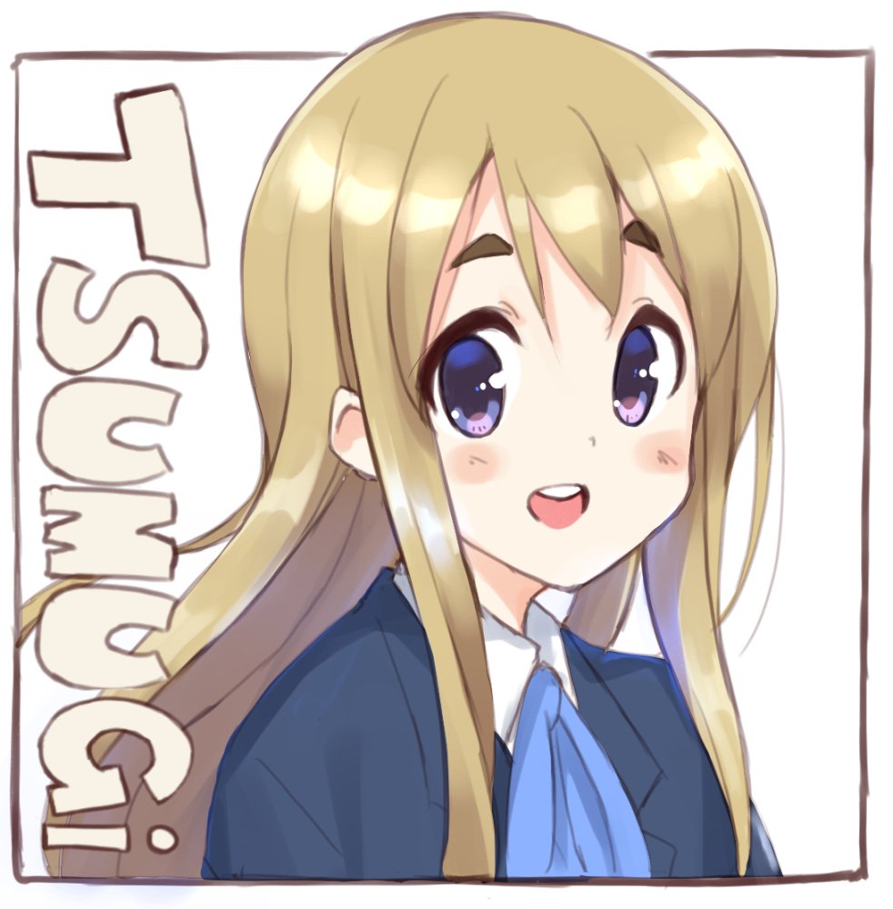 1girl blazer blonde_hair blue_eyes blue_jacket blue_ribbon character_name eyebrows jacket k-on! kotobuki_tsumugi long_hair looking_at_viewer masamuuu neck_ribbon open_mouth ribbon round_teeth sakuragaoka_high_school_uniform school_uniform simple_background smile solo teeth upper_body white_background