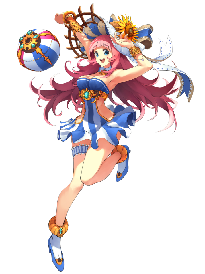 1girl :d armpits arms_up ball bangs bare_shoulders beachball blue_hat blue_skirt blunt_bangs bracelet breasts cleavage copyright_request flower full_body hat hat_flower jewelry long_hair maruhana medium_breasts official_art open_mouth pink_hair side_cutout skirt smile solo standing standing_on_one_leg striped striped_skirt sun_hat sunflower thigh_strap