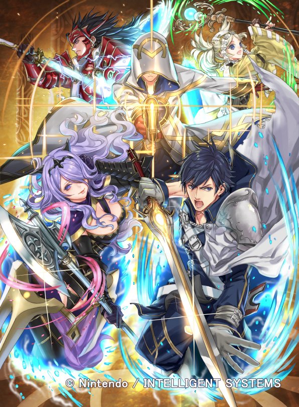 2girls 3boys armor axe battle_axe black_hair blonde_hair blue_eyes blue_hair breasts brown_gloves camilla_(fire_emblem_if) cape cleavage closed_mouth company_connection company_name copyright_name falchion_(fire_emblem) fire_emblem fire_emblem:_kakusei fire_emblem_cipher fire_emblem_heroes fire_emblem_if gloves hair_over_one_eye helmet holding holding_sword holding_weapon hooded_coat katana krom kuroba.k kuroba_k large_breasts lips lipstick liz_(fire_emblem) long_coat long_hair makeup multiple_boys multiple_girls official_art open_mouth pants purple_hair ryouma_(fire_emblem_if) shiny short_hair short_twintails shoulder_armor staff summoner_(fire_emblem_heroes) sword twintails violet_eyes weapon wide_sleeves