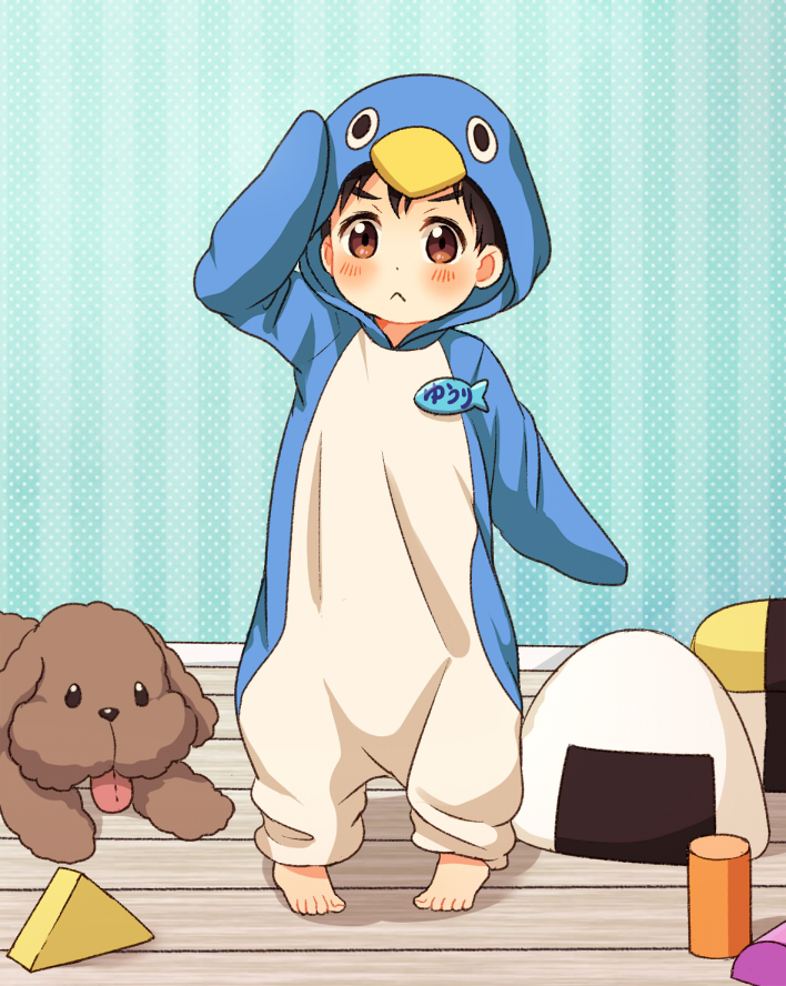 1boy :&lt; animal_costume black_hair brown_eyes building_block child dog katsuki_yuuri male_focus name_tag penguin_costume salute twc_(p-towaco) vicchan younger yuri!!!_on_ice