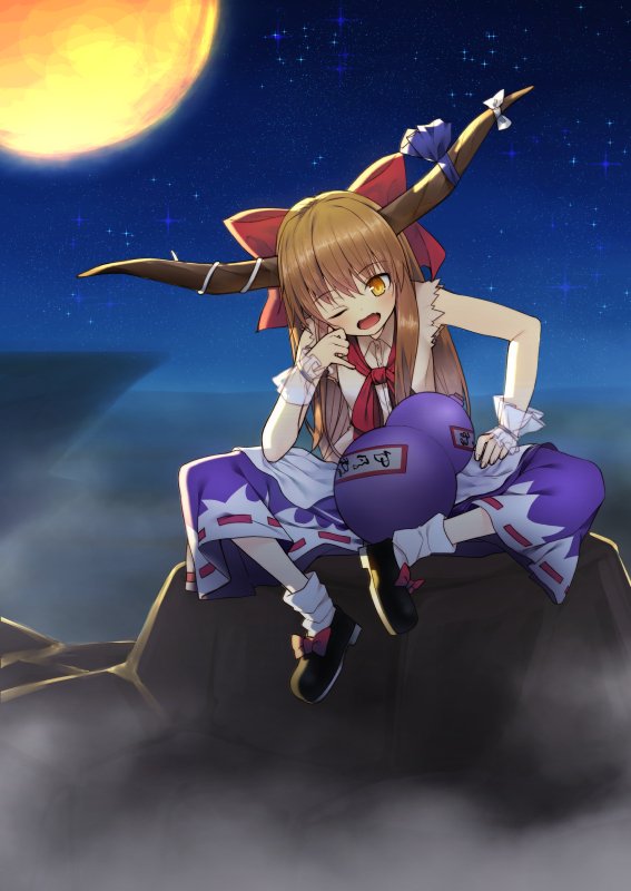 1girl bare_arms black_footwear blush bow commentary_request eyebrows_visible_through_hair fang fog full_body gourd hair_bow hand_on_hip hand_up horn_bow horn_ribbon horns ibuki_suika long_hair looking_at_viewer moon night night_sky nigo_(aozoragarou) ofuda oni oni_horns open_mouth orange_hair purple_ribbon purple_skirt red_bow red_neckwear ribbon ribbon-trimmed_skirt ribbon_trim rock shirt shoe_bow shoes sitting skirt sky sleeveless sleeveless_shirt socks solo star_(sky) starry_sky touhou white_bow white_legwear white_shirt wrist_cuffs yellow_eyes