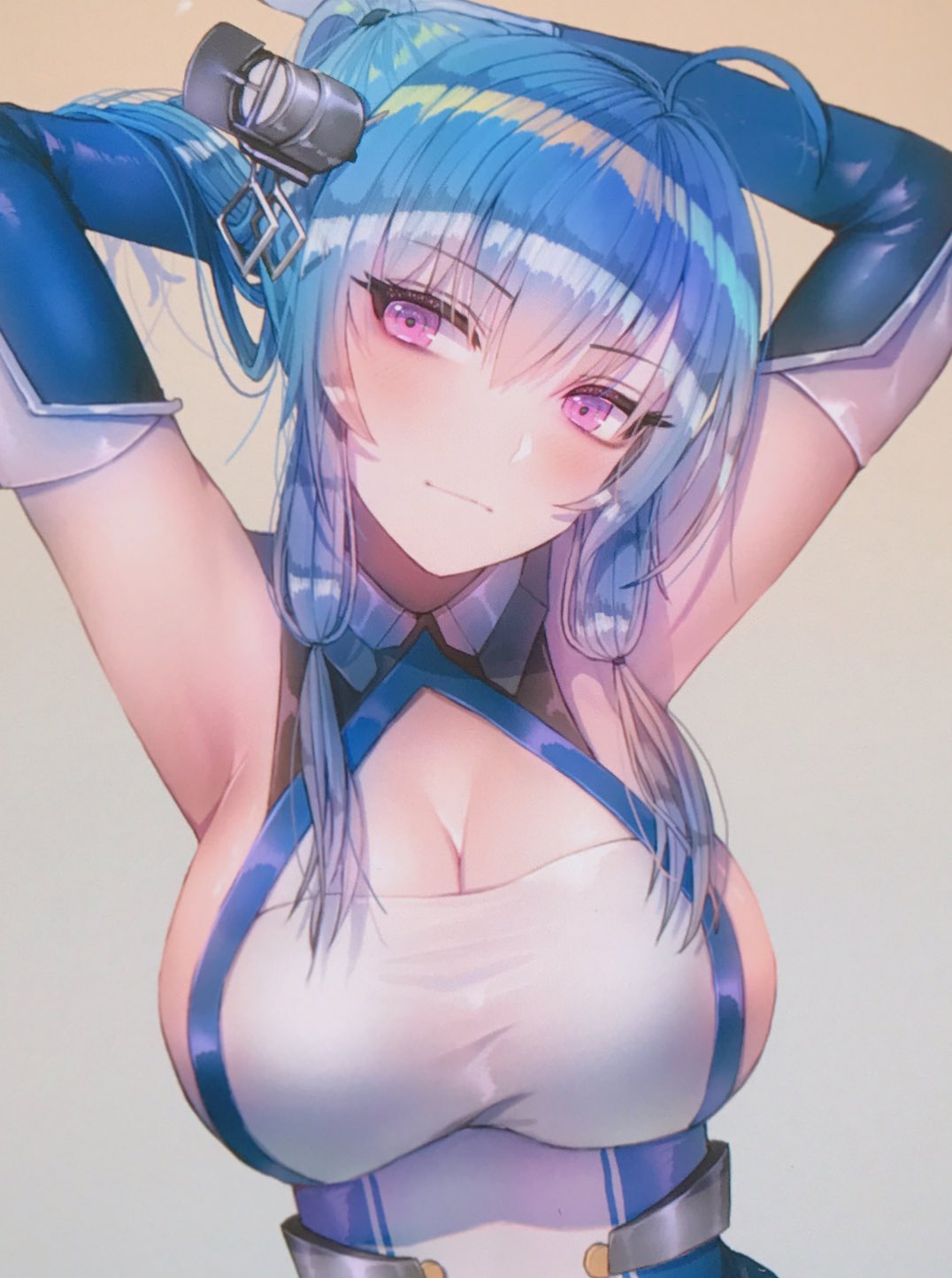 1girl ahoge armpits arms_behind_head azur_lane bangs bare_shoulders blue_hair blush breasts cleavage closed_mouth commentary dress elbow_gloves eyebrows_visible_through_hair gloves hair_ornament hanato_(seonoaiko) highres large_breasts long_hair looking_at_viewer sideboob solo st._louis_(azur_lane) violet_eyes white_gloves