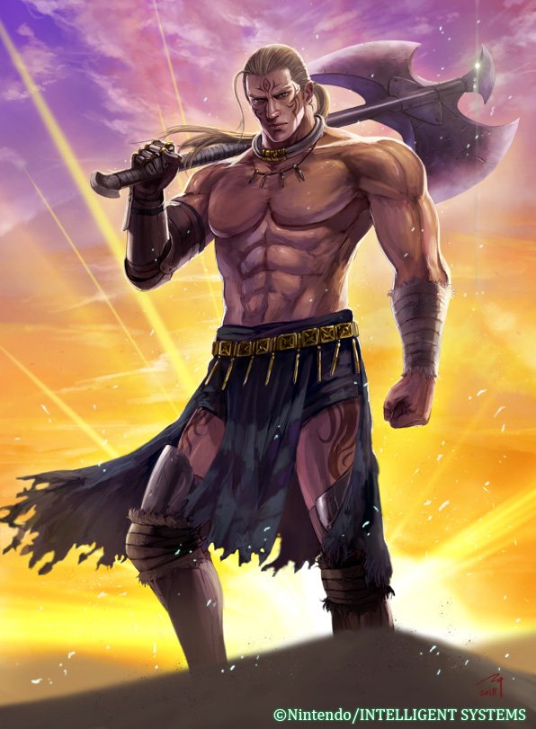 1boy abs artist_name axe bandage blonde_hair copyright_name facial_mark fire_emblem fire_emblem_cipher gloves hawkeye_(fire_emblem) ippei_soeda jewelry long_hair low_ponytail male_focus navel necklace official_art sand shirtless single_glove solo sun