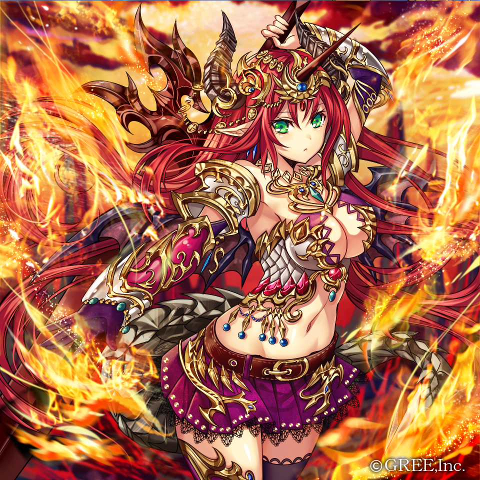 1girl :&lt; arm_up armor bangs belt_buckle bikini_armor black_legwear blurry blurry_background breasts brown_belt buckle closed_mouth commentary_request company_name cowboy_shot dragon_girl dragon_horns dragon_wings elbow_gloves eyebrows_visible_through_hair fire floating_hair forehead_jewel gem gloves greatsword green_eyes groin hair_between_eyes head_chain holding holding_weapon horns jewelry kaizoku_ookoku_koronbusu lace lace-trimmed_skirt large_breasts legs_together long_hair looking_at_viewer madogawa miniskirt navel necklace official_art outstretched_arm pleated_skirt pointy_ears purple_gloves purple_skirt pyrokinesis redhead scale_armor sidelocks single_glove skirt solo standing stomach thigh-highs vambraces very_long_hair weapon wind wings