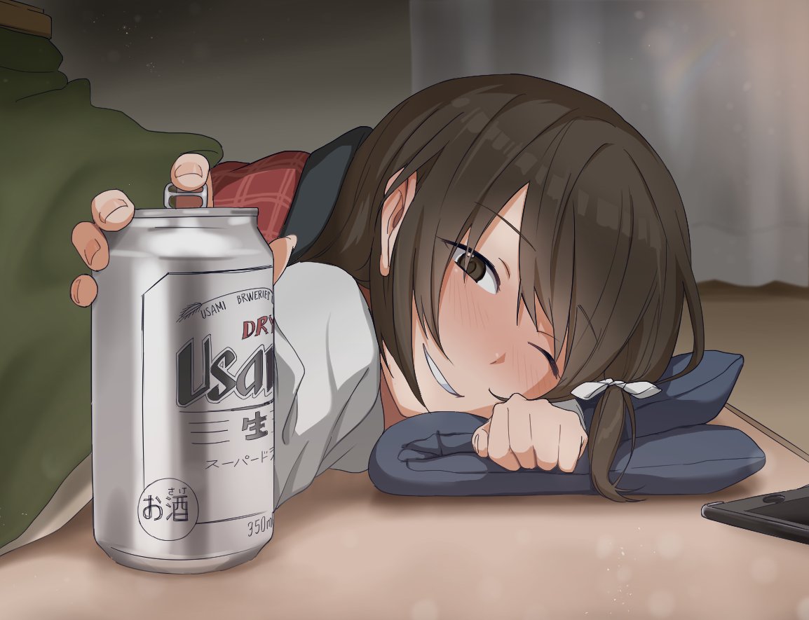 1girl beer_can black_eyes blanket brand_name_imitation brown_hair can hair_ribbon kotatsu looking_at_viewer one_eye_closed ribbon smile solo table touhou toujou_(toujou_ramen) tress_ribbon under_kotatsu under_table usami_renko