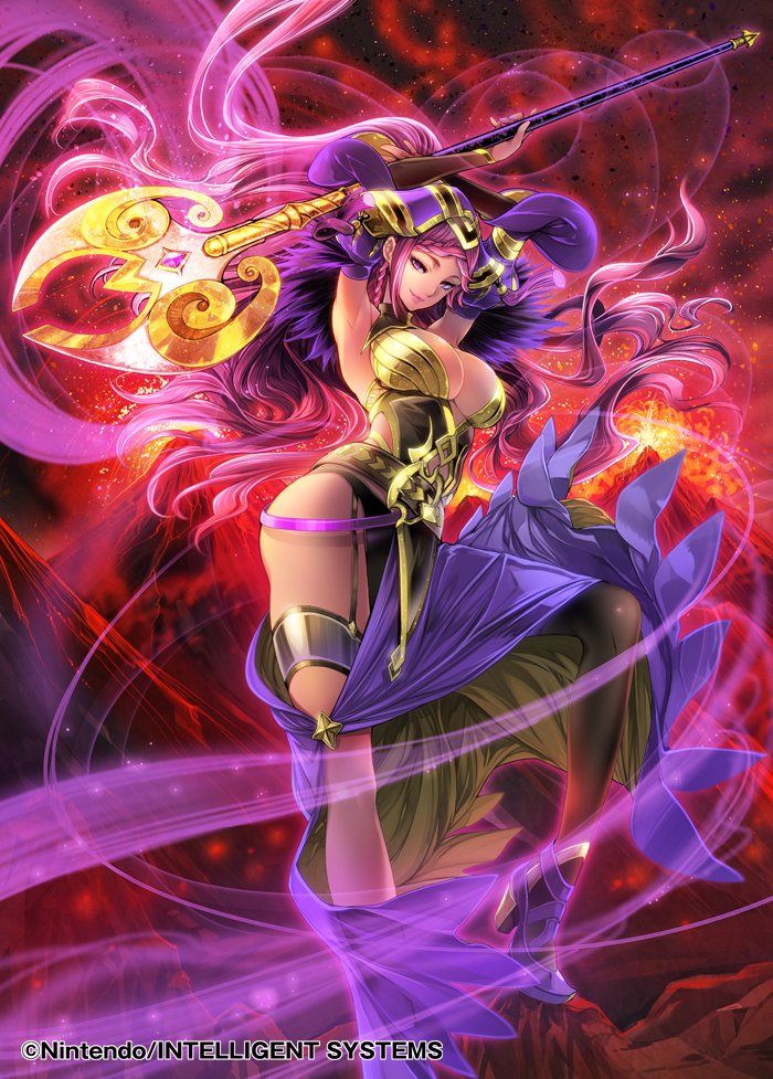 1girl armpits arms_up bangs black_legwear breasts cleavage company_name copyright_name dress eruption feather_trim fire_emblem fire_emblem_cipher fire_emblem_heroes full_body hat high_heels holding large_breasts lips lipstick loki_(fire_emblem_heroes) long_hair looking_at_viewer makeup molten_rock mountain official_art outdoors parted_bangs purple_hair single_thighhigh sleeveless smile solo thigh-highs thigh_strap thighs toyo_sao violet_eyes volcano