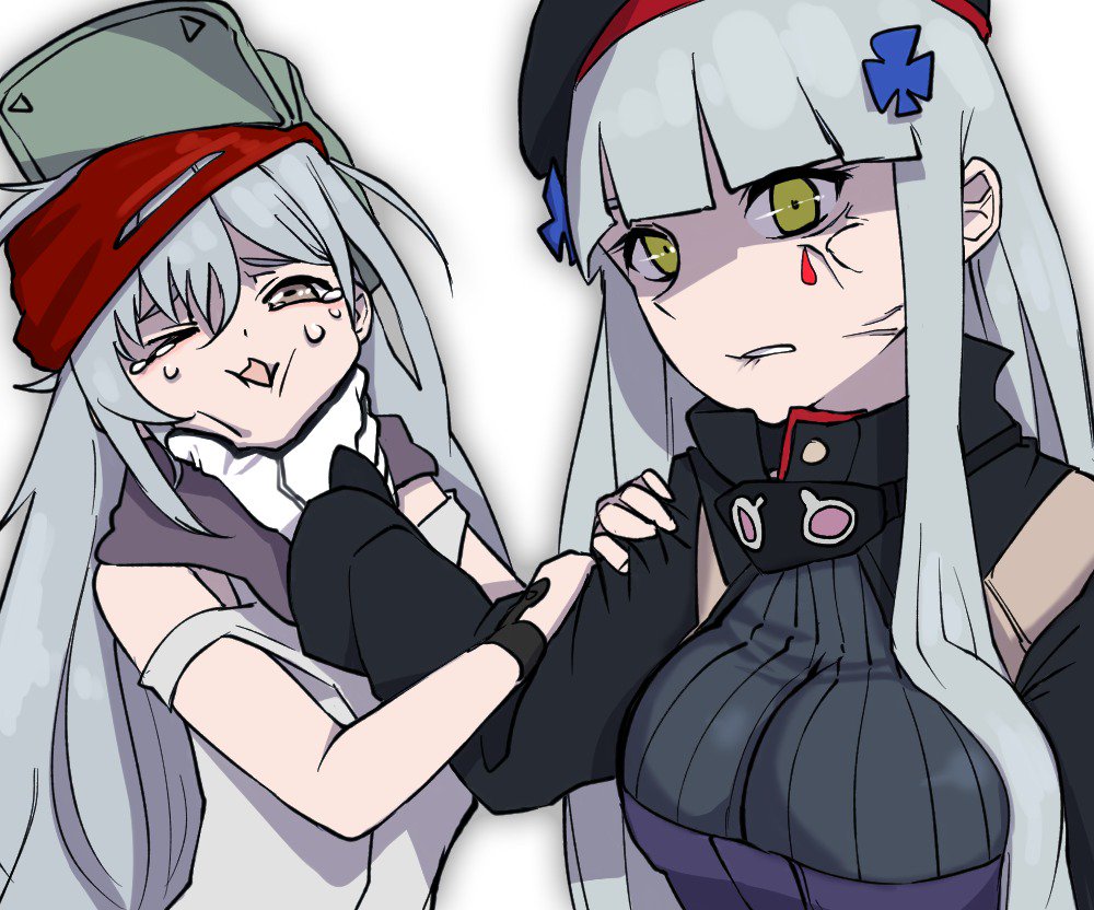 2girls anger_vein bangs beret biting blunt_bangs breasts brown_eyes closed_mouth face_hold facial_mark g11_(girls_frontline) girls_frontline gloves green_eyes hair_between_eyes hair_ornament hands_on_another's_arm hat hk416_(girls_frontline) holding lip_biting long_hair looking_at_viewer medium_breasts multiple_girls one_eye_closed open_mouth parted_lips scarf sd_bigpie shaded_face shirt shoulder_cutout silver_hair sweat teardrop tearing_up very_long_hair