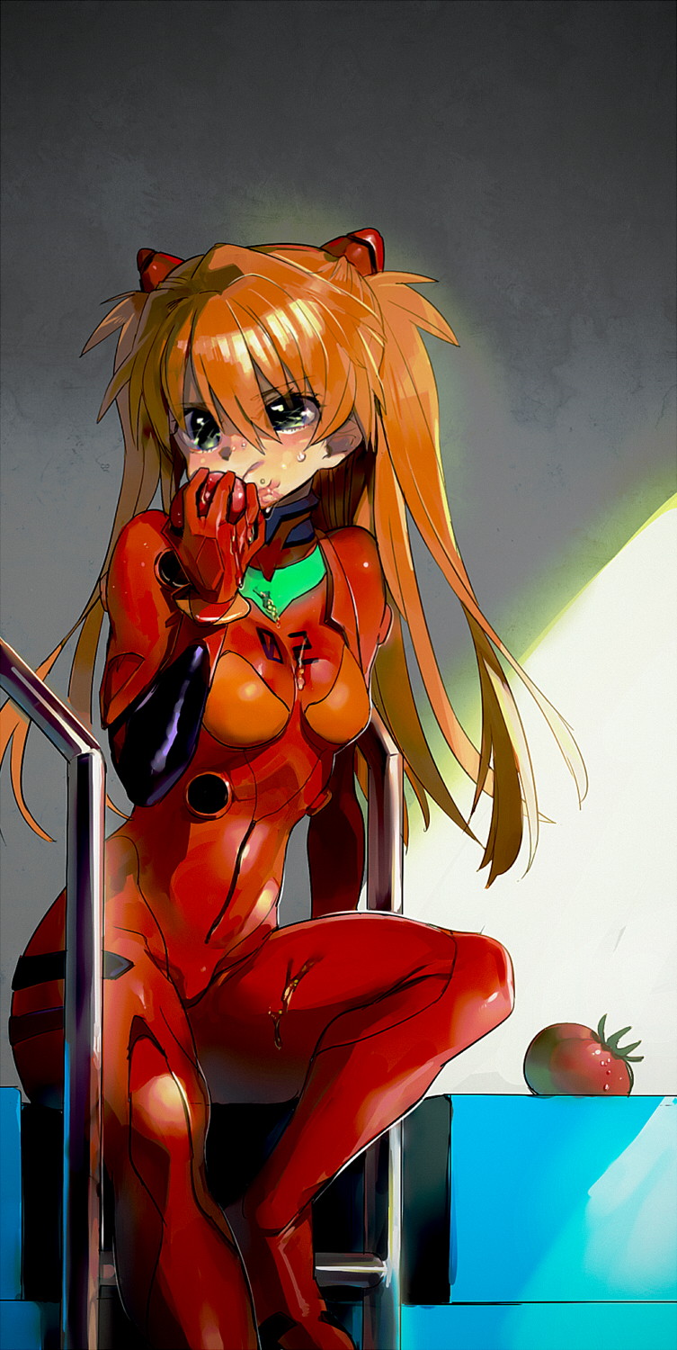 1girl bangs bodysuit breasts eating eyebrows_visible_through_hair eyes_visible_through_hair food food_on_face fruit green_eyes hair_between_eyes hair_ornament highres holding holding_fruit mafuyu_hemp neon_genesis_evangelion number orange_hair pilot_suit plugsuit red_bodysuit sitting small_breasts solo souryuu_asuka_langley straight_hair tomato two_side_up