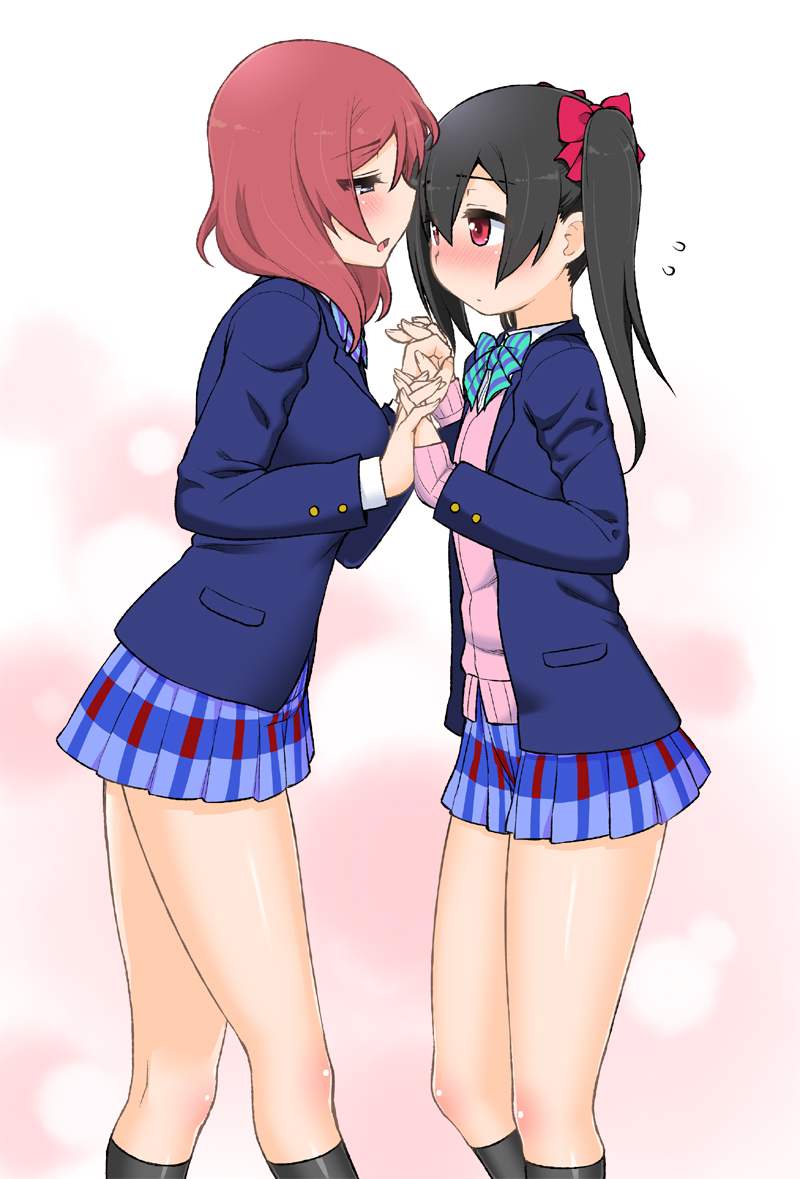 2girls black_hair black_legwear blue_skirt blush commentary face-to-face hand_holding interlocked_fingers kogaku_kazuya long_hair long_sleeves looking_at_another love_live! love_live!_school_idol_project medium_hair multiple_girls nishikino_maki open_mouth otonokizaka_school_uniform red_eyes redhead skirt socks twintails violet_eyes yazawa_nico yuri