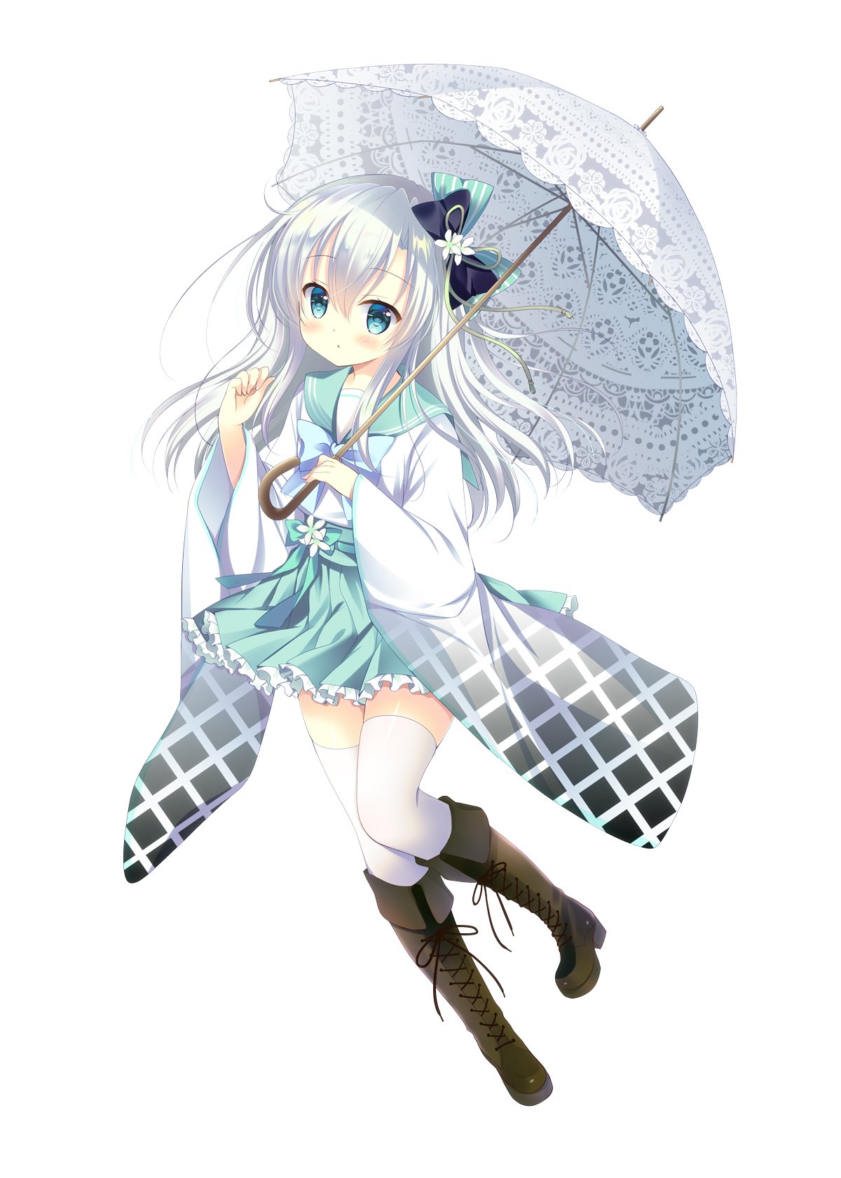 1girl bangs blue_eyes blush boots bow commentary_request cross-laced_footwear eyebrows_visible_through_hair flat_chest frilled_skirt frills full_body hair_bow hair_ornament highres holding holding_umbrella japanese_clothes lace-up_boots long_hair looking_at_viewer official_art onsen_musume ribbon shirogane_hina silver_hair simple_background skirt solo thigh-highs umbrella white_background white_legwear wide_sleeves zettai_ryouiki
