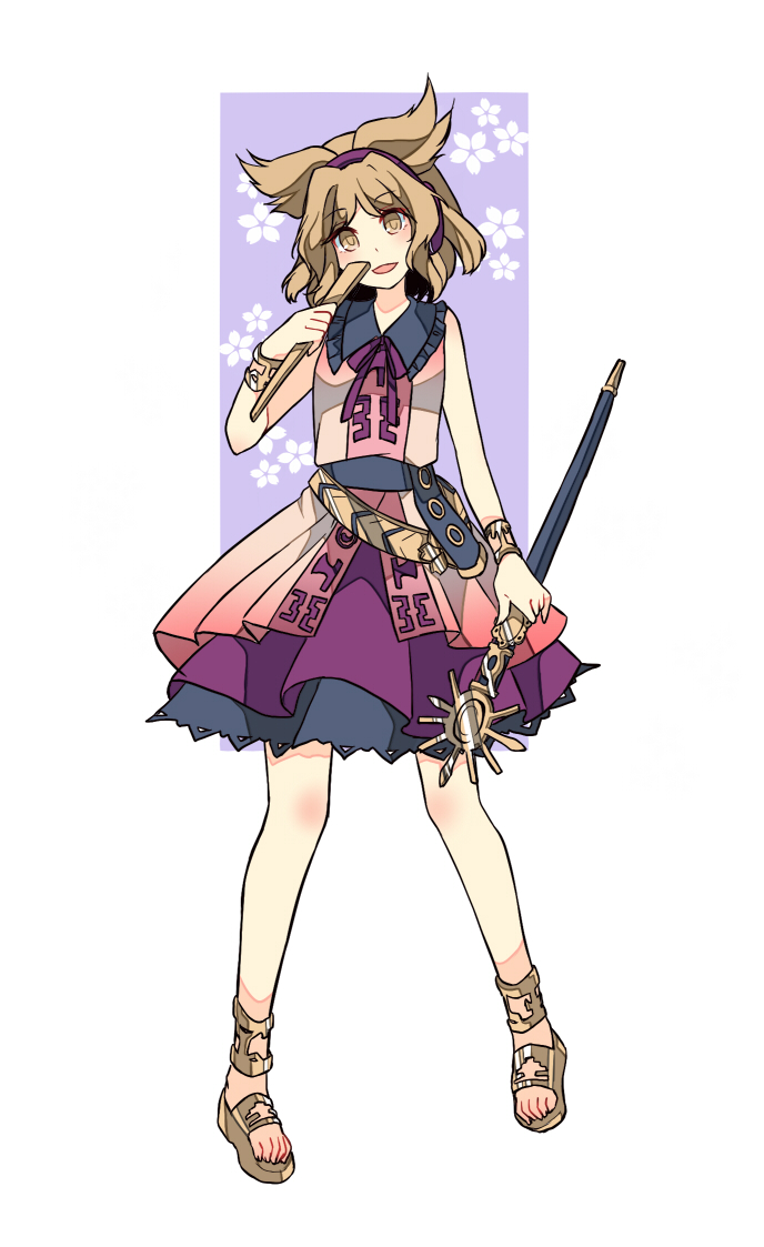 1girl belt brown_eyes brown_hair earmuffs haya_taro_pochi holding holding_sword holding_weapon open_mouth pointy_hair purple_skirt ritual_baton sandals shirt short_hair skirt sleeveless sleeveless_shirt smile solo standing sword touhou toyosatomimi_no_miko weapon wristband