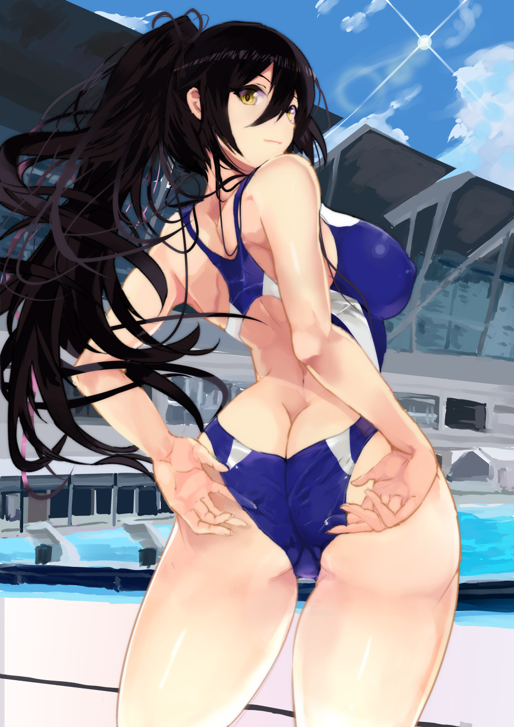 1girl ass back bangs bare_shoulders black_hair blue_sky blue_swimsuit blush breasts butt_crack closed_mouth competition_swimsuit hair_between_eyes highres hips idolmaster idolmaster_shiny_colors large_breasts long_hair looking_back one-piece_swimsuit outdoors ponytail shirase_sakuya sky smile solo swimsuit swimsuit_pull thighs waist yellow_eyes yuu_(asaiyuji)