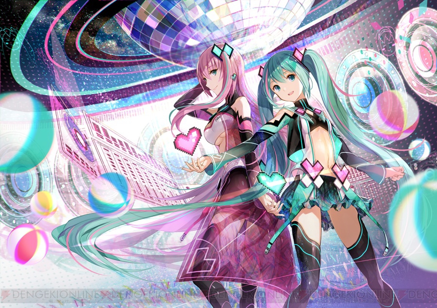 2girls :d arm_up arm_warmers ball black_skirt blue_eyes breasts butterfly_hair_ornament center_opening closed_mouth detached_sleeves disco_ball dutch_angle frilled_skirt frills fuji_choko hair_ornament hatsune_miku heart long_hair long_sleeves looking_at_viewer medium_breasts megurine_luka multicolored_hair multiple_girls navel open_mouth parted_lips pleated_skirt profile project_diva_(series) project_diva_x see-through skirt sleeveless smile standing twintails two-tone_hair under_boob very_long_hair vocaloid