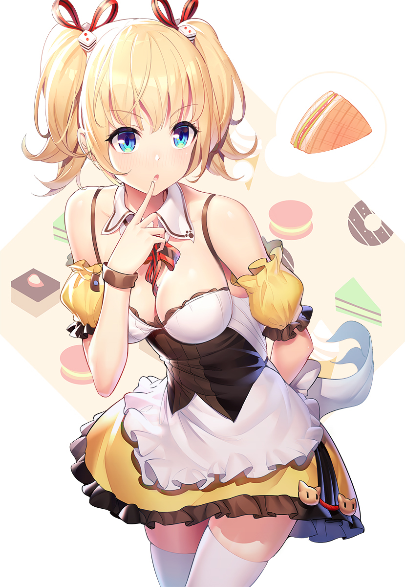 &gt;:o 1girl apron arm_behind_back bangs bare_shoulders blonde_hair blue_eyes blush breasts collarbone colored_eyelashes commentary_request cowboy_shot detached_sleeves dress eyebrows_visible_through_hair finger_to_mouth food hair_between_eyes highres leaning_forward lips maid maid_apron medium_breasts open_mouth original ririko_(zhuoyandesailaer) short_dress solo thigh-highs thighs twintails two_side_up white_legwear yellow_dress