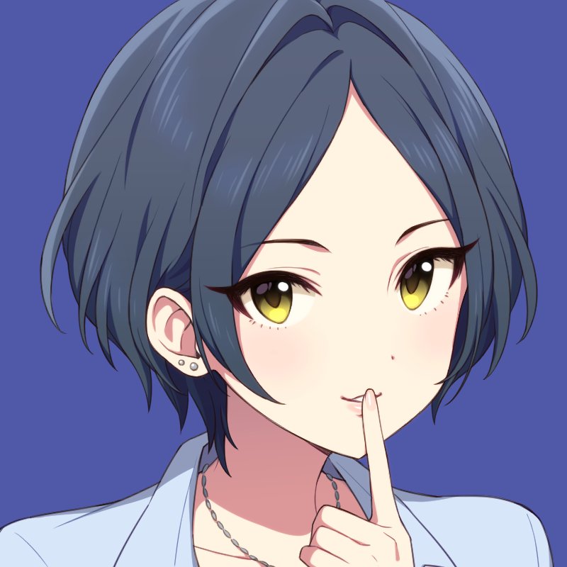 1girl agata_(agatha) bangs blue_background collarbone earrings eyelashes face finger_to_mouth hayami_kanade idolmaster idolmaster_cinderella_girls index_finger_raised jewelry looking_at_viewer nail_polish necklace parted_bangs parted_lips pink_nails short_hair simple_background solo stud_earrings yellow_eyes