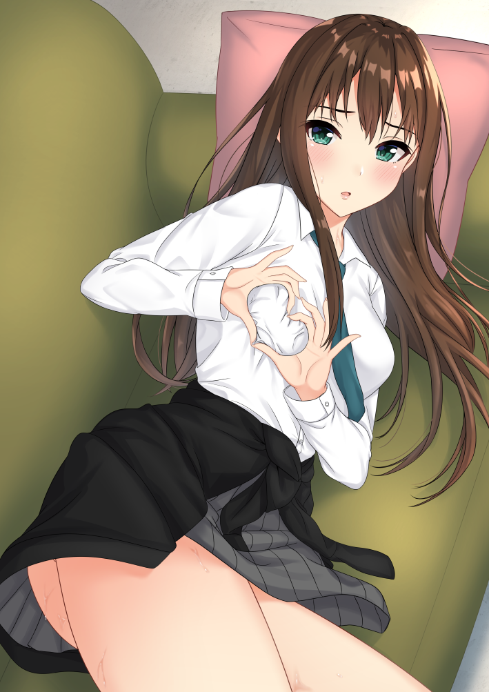 1girl blush breasts brown_hair clothes_around_waist couch dress_shirt green_eyes green_neckwear grey_skirt hair_between_eyes heart heart-shaped_boob_challenge heart_hands idolmaster idolmaster_cinderella_girls indoors long_hair looking_at_viewer lying medium_breasts miniskirt miyazumi necktie on_side open_mouth pillow pleated_skirt shibuya_rin shirt skirt solo sweatdrop sweater_around_waist very_long_hair white_shirt