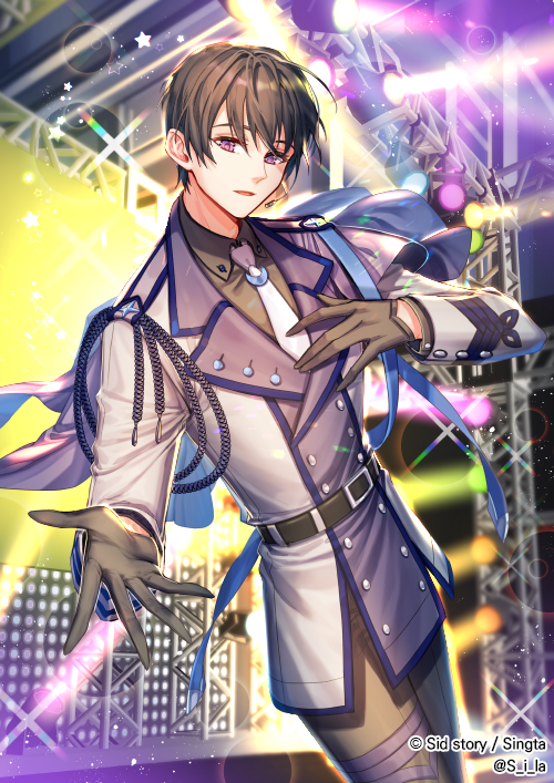 1boy belt brown_gloves brown_hair copyright_name gloves headset indoors interitio male_focus necktie official_art outstretched_hand sid_story stage stage_lights standing violet_eyes watermark white_neckwear