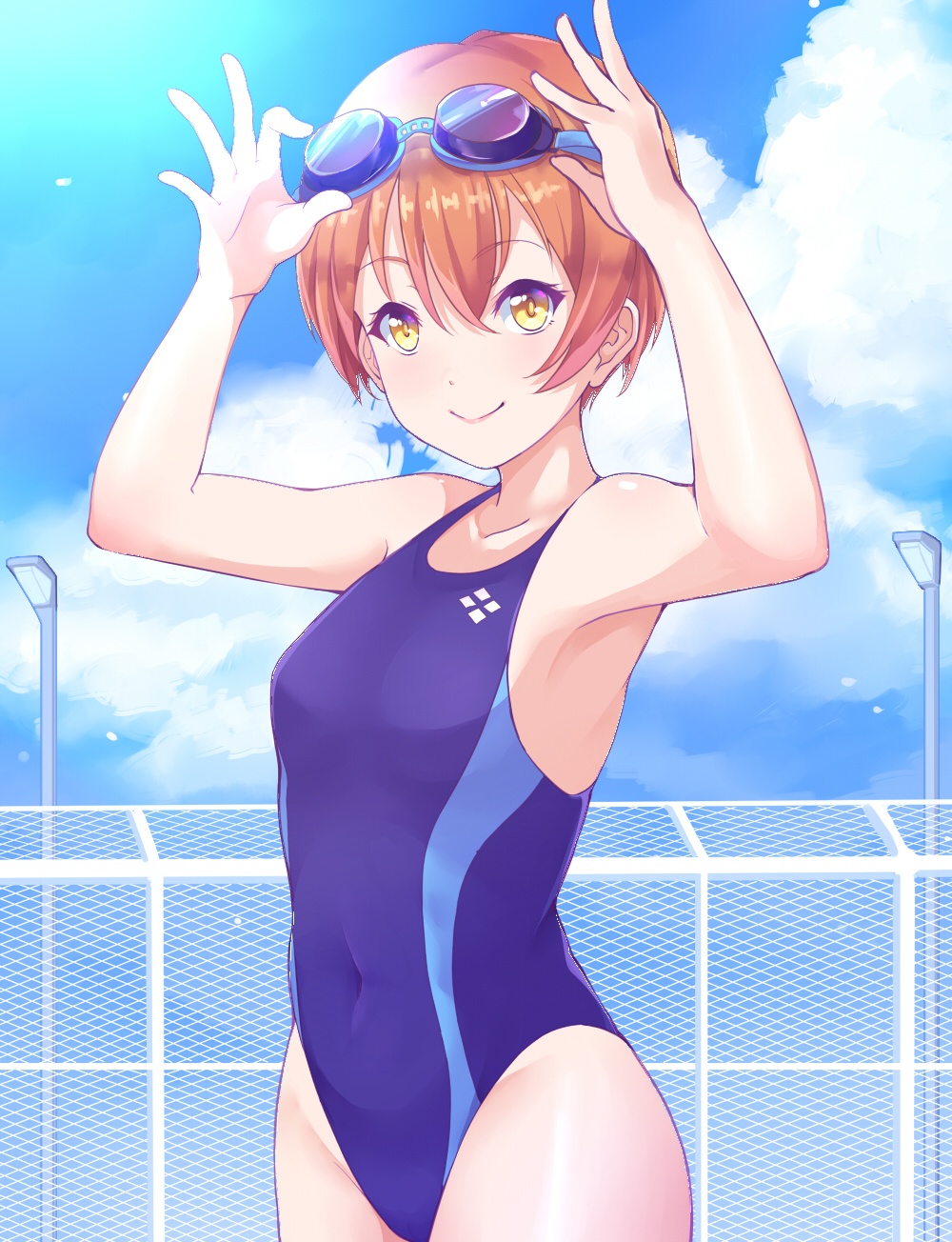 1girl adjusting_eyewear blue_swimsuit collarbone covered_navel day fence goggles goggles_on_head highres hoshizora_rin kanabun lamppost looking_at_viewer love_live! love_live!_school_idol_project one-piece_swimsuit orange_hair outdoors short_hair smile solo swimsuit yellow_eyes