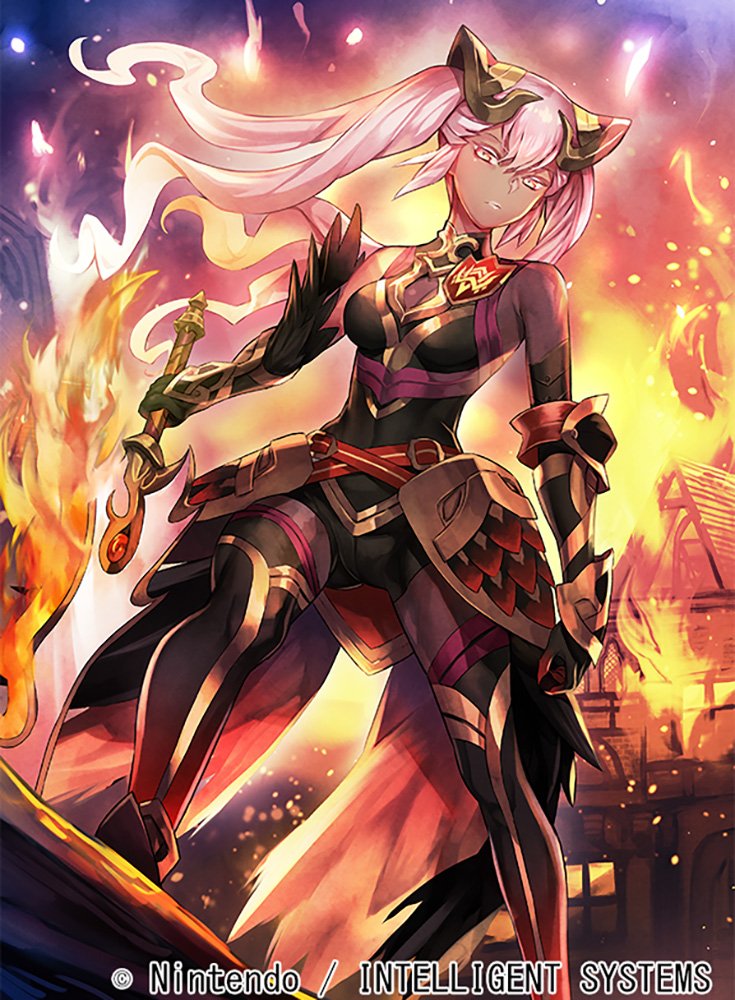 1girl armor bangs bare_shoulders breasts closed_mouth commentary_request company_connection company_name copyright_name dark_skin feather_trim fire fire_emblem fire_emblem_cipher fire_emblem_heroes gauntlets gloves hair_ornament holding laevateinn_(fire_emblem_heroes) lips long_hair looking_at_viewer medium_breasts nagahama_megumi official_art pink_hair sleeveless solo sword thigh-highs twintails weapon