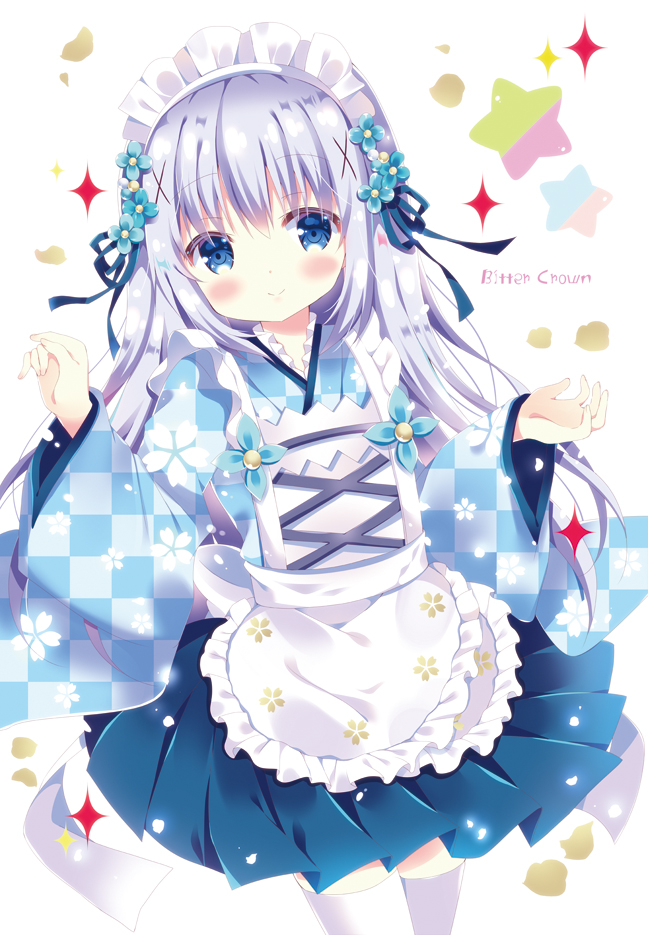 1girl apron artist_name bitter_crown blue_eyes blue_flower blue_kimono blue_ribbon blue_skirt blush checkered checkered_kimono closed_mouth commentary_request fingernails flower frilled_apron frills gochuumon_wa_usagi_desu_ka? hair_flower hair_ornament hair_ribbon hands_up japanese_clothes kafuu_chino kimono leaning_to_the_side long_hair long_sleeves looking_at_viewer maid_headdress pleated_skirt purple_hair ribbon short_kimono simple_background skirt smile solo sparkle star thigh-highs unmoving_pattern very_long_hair wa_maid waist_apron white_apron white_background white_legwear wide_sleeves x_hair_ornament