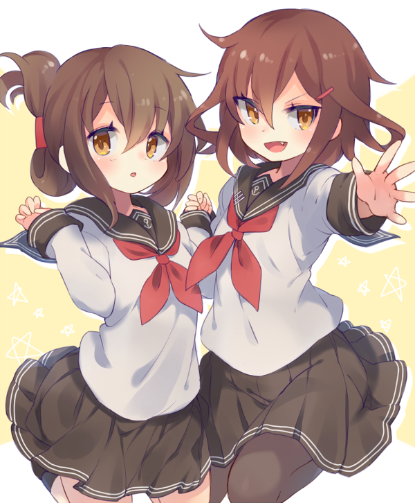 2girls :d black_legwear black_sailor_collar black_skirt brown_eyes brown_hair eyebrows_visible_through_hair fang folded_ponytail hair_between_eyes hair_ornament hairclip ikazuchi_(kantai_collection) inazuma_(kantai_collection) kantai_collection long_sleeves multiple_girls neckerchief open_mouth parted_lips pleated_skirt red_neckwear sailor_collar school_uniform serafuku short_hair skirt smile thigh-highs v-shaped_eyebrows yamaarashi