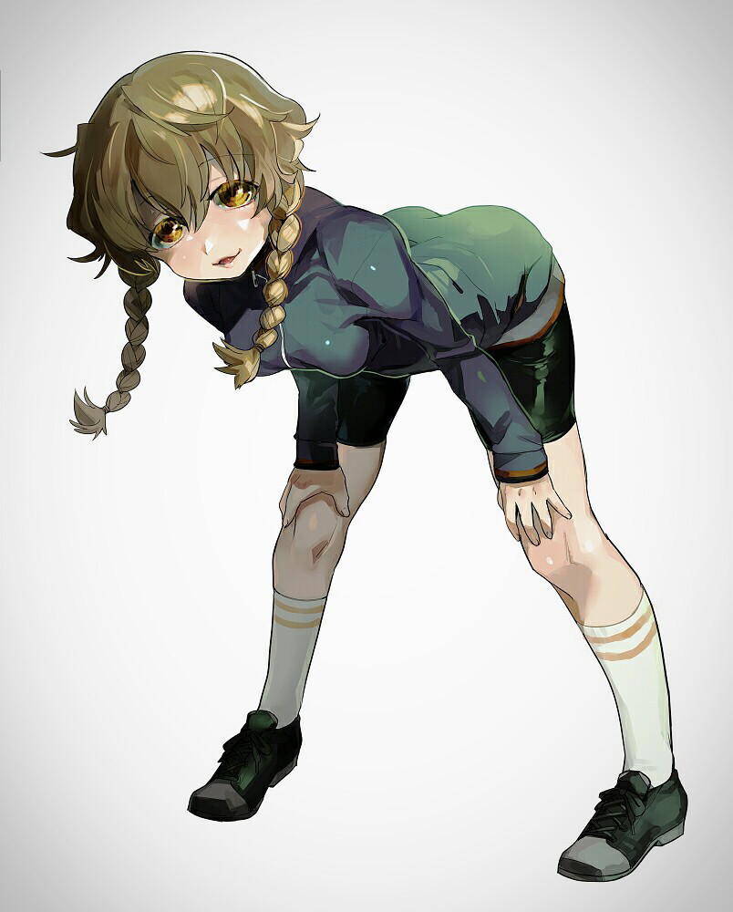 1girl amane_suzuha bangs bent_over bike_shorts black_footwear blue_jacket braid breasts brown_hair eyebrows_visible_through_hair hair_between_eyes hands_on_own_knees jacket legs_apart long_hair long_sleeves mafuyu_hemp open_mouth shoes small_breasts smile socks solo standing steins;gate track_jacket twin_braids white_legwear yellow_eyes