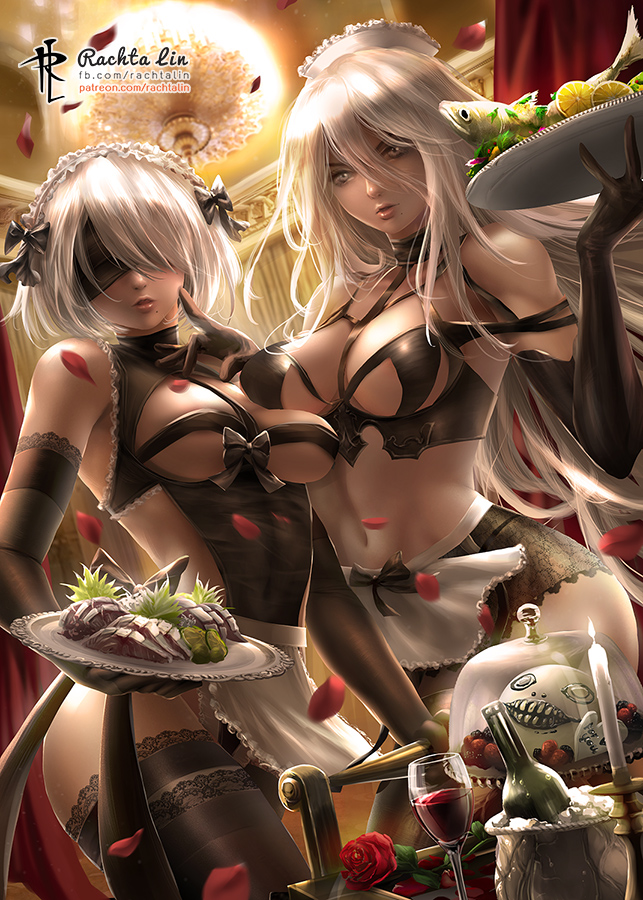 2girls alcohol apron artist_name ass bangs bare_shoulders black_legwear blindfold blue_eyes bottle breasts candle cleavage commentary_request cowboy_shot cup drinking_glass dutch_angle elbow_gloves facing_viewer food gloves hips holding holding_tray indoors lace lace-trimmed_thighhighs large_breasts long_hair looking_at_viewer maid maid_headdress multiple_girls nier_(series) nier_automata patreon_username petals rachta_lin short_hair skin_tight standing thigh-highs thighs tray white_hair wine wine_bottle wine_glass yorha_no._2_type_b yorha_no._9_type_s