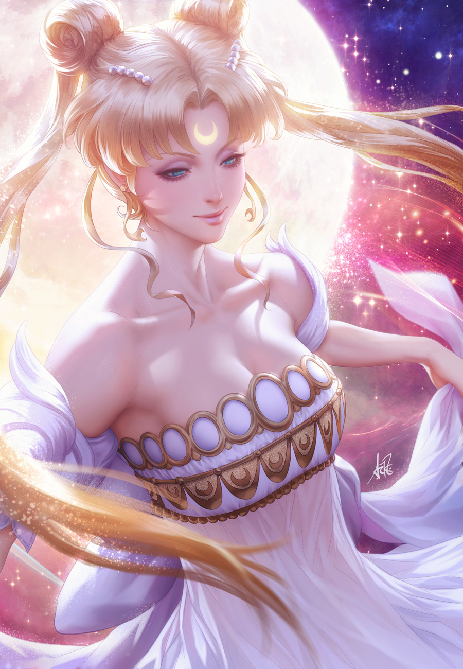 1girl armpits backlighting bangs bare_shoulders beads bishoujo_senshi_sailor_moon blonde_hair blue_eyes breasts cleavage closed_mouth collarbone commentary crescent double_bun dress earrings english_commentary facial_mark floating_hair forehead_mark full_moon hair_beads hair_ornament half-closed_eyes highres jewelry light_particles lips long_hair looking_away looking_down makeup mascara medium_breasts moon motion_blur nose parted_bangs princess_serenity realistic signature skirt_hold sky smile solo stanley_lau star_(sky) starry_sky strapless strapless_dress tsukino_usagi twintails white_dress wind