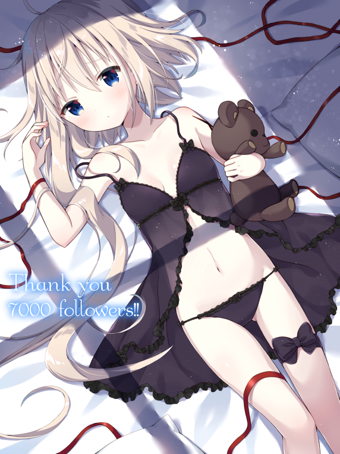 1girl ahoge arm_up asymmetrical_hair bangs bare_arms bare_shoulders bed_sheet black_babydoll black_bow black_panties blonde_hair blue_eyes blush bow bow_panties breasts closed_mouth collarbone commentary_request eyebrows_visible_through_hair fingernails followers hair_between_eyes long_hair looking_at_viewer lying object_hug on_back original panties pillow red_ribbon ribbon see-through small_breasts solo strap_slip stuffed_animal stuffed_toy teddy_bear thank_you tia-chan uchuuneko underwear underwear_only very_long_hair