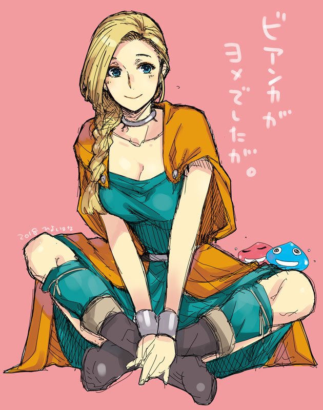 1girl bianca blonde_hair braid breasts choker cleavage collarbone commentary_request dragon_quest dragon_quest_v dress green_dress green_eyes hiyoshi_hana long_hair looking_at_viewer pink_background sitting sleeveless smile solo translated wristband