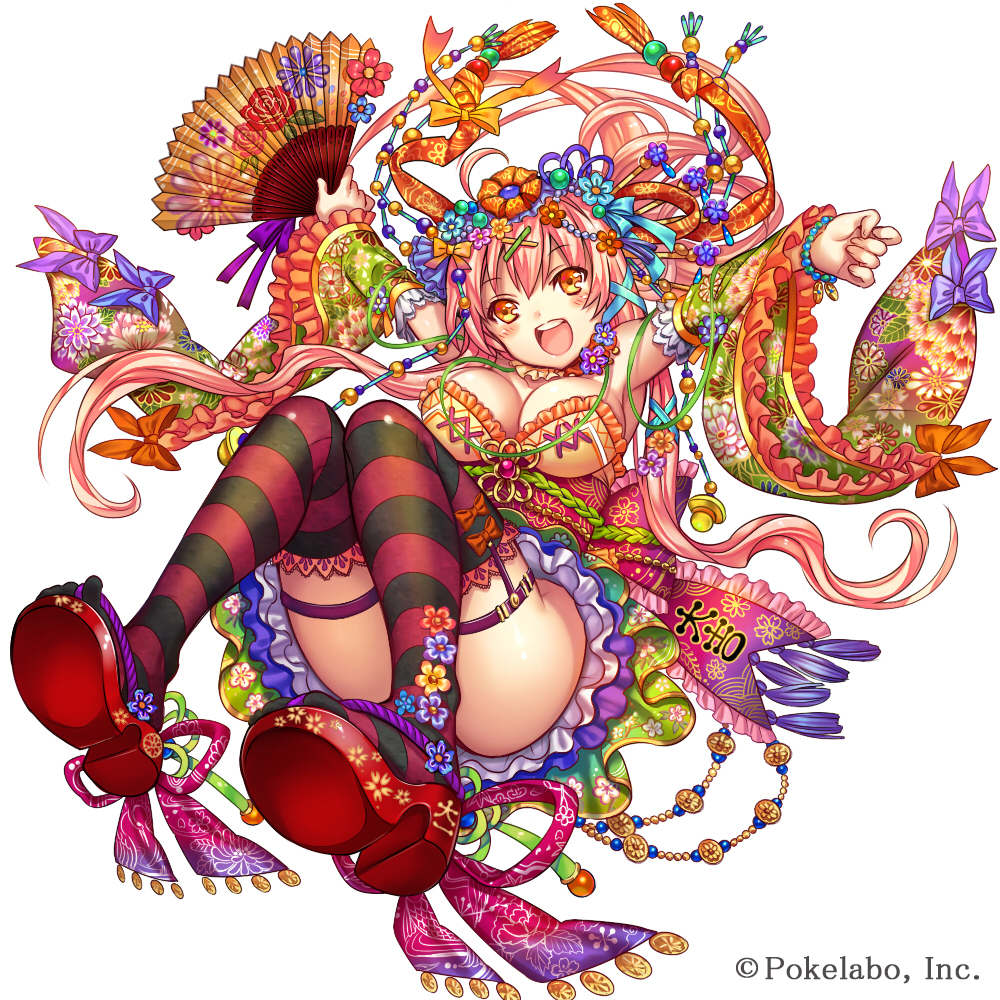 1girl :d ahoge armpits bangs bare_shoulders beads black_legwear blue_bow blue_flower blue_ribbon blush bow breasts choker collarbone company_name detached_sleeves eyebrows_visible_through_hair fan fingernails floating_hair floral_print flower folding_fan frilled_kimono frilled_sleeves frills full_body garter_straps green_kimono hair_between_eyes hair_bow hair_flower hair_ornament hair_ribbon hairclip head_tilt holding holding_fan horizontal-striped_legwear japanese_clothes kimono kimono_skirt knees_up large_breasts long_hair long_sleeves looking_at_viewer madogawa obi official_art open_mouth orange_bow orange_eyes orange_flower orange_ribbon outstretched_arms pink_flower pink_hair print_sleeves purple_bow purple_flower purple_ribbon red_footwear red_legwear ribbon sash sengoku_gensoukyoku short_kimono sidelocks simple_background smile solo strapless tassel thigh-highs upper_teeth white_background wide_sleeves yellow_choker zouri