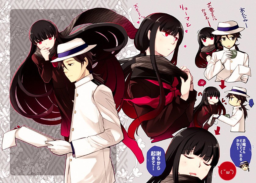 1boy 1girl bangs black_hair blue_ribbon blunt_bangs commentary_request directional_arrow drooling fate/grand_order fate_(series) floating flower gloves hat hat_ribbon holding holding_paper koha-ace long_hair looking_at_another multiple_views open_mouth oryuu_(fate) paper red_legwear ribbon sakamoto_ryouma_(fate) scarf sleeping teramoto_kaoru translation_request very_long_hair white_gloves white_hat
