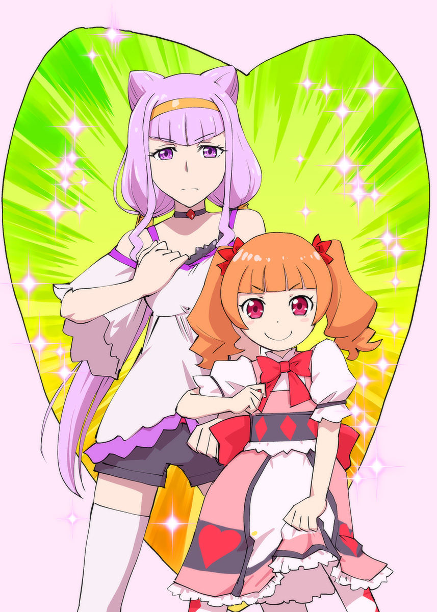 &gt;:) 2girls aisaki_emiru bangs black_hairband blunt_bangs bow brown_hair choker closed_mouth commentary_request cowboy_shot double_bun dress emphasis_lines eyebrows_visible_through_hair giorno_giovanna hair_bow hairband highres hugtto!_precure jojo_no_kimyou_na_bouken jojo_pose long_hair looking_at_viewer multiple_girls parody pose precure puffy_sleeves purple_hair red_eyes ruru_amour serious short_sleeves shorts smile sparkle thigh-highs twintails ueyama_michirou v-shaped_eyebrows vento_aureo violet_eyes