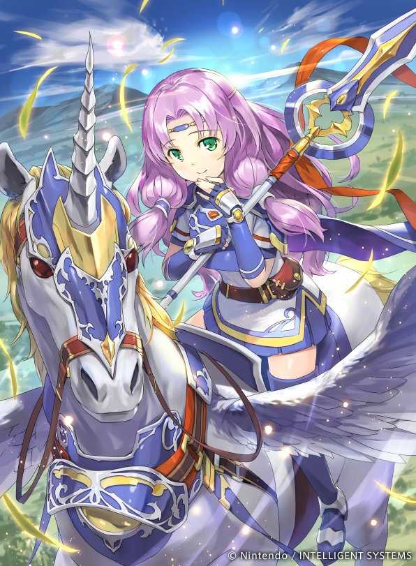 1girl armor bangs belt belt_pouch boots breastplate circlet closed_mouth clouds cloudy_sky company_name copyright_name day elbow_gloves eyebrows_visible_through_hair feathered_wings feathers fire_emblem fire_emblem:_rekka_no_ken fire_emblem_cipher florina gloves green_eyes hmk84 holding holding_weapon horns lavender_hair long_hair looking_at_viewer official_art outdoors pegasus pegasus_knight pouch sky smile solo thigh-highs thigh_boots weapon wings zettai_ryouiki