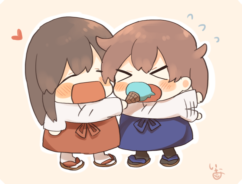 2girls akagi_(kantai_collection) black_hair black_legwear blue_hakama blush brown_hair chibi closed_eyes commentary_request dessert flying_sweatdrops food full_body hakama heart ice_cream ice_cream_cone ina_(1813576) japanese_clothes kaga_(kantai_collection) kantai_collection kimono long_hair multiple_girls open_mouth red_hakama sandals side_ponytail signature simple_background smile white_kimono white_legwear xo