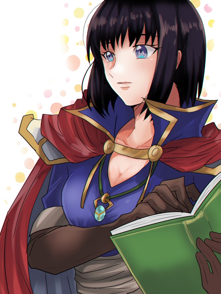 1girl black_hair blue_eyes book breasts cape cleavage elbow_gloves fire_emblem fire_emblem:_thracia_776 fire_emblem_heroes gloves holding holding_book jewelry large_breasts necklace olwen_(fire_emblem) rem_sora410 short_hair simple_background solo