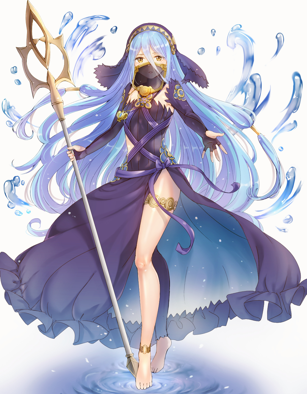 1girl anklet aqua_(fire_emblem_if) asymmetrical_legwear barefoot black_dress black_legwear blue_hair blue_ribbon breasts choker dress eyebrows_visible_through_hair fingerless_gloves fire_emblem fire_emblem_if floating_hair full_body gloves hair_between_eyes haru_(nakajou-28) highres holding holding_staff jewelry long_hair outstretched_arm parted_lips ribbon see-through shiny shiny_skin sleeveless sleeveless_dress small_breasts solo staff standing thighlet very_long_hair white_gloves yellow_eyes