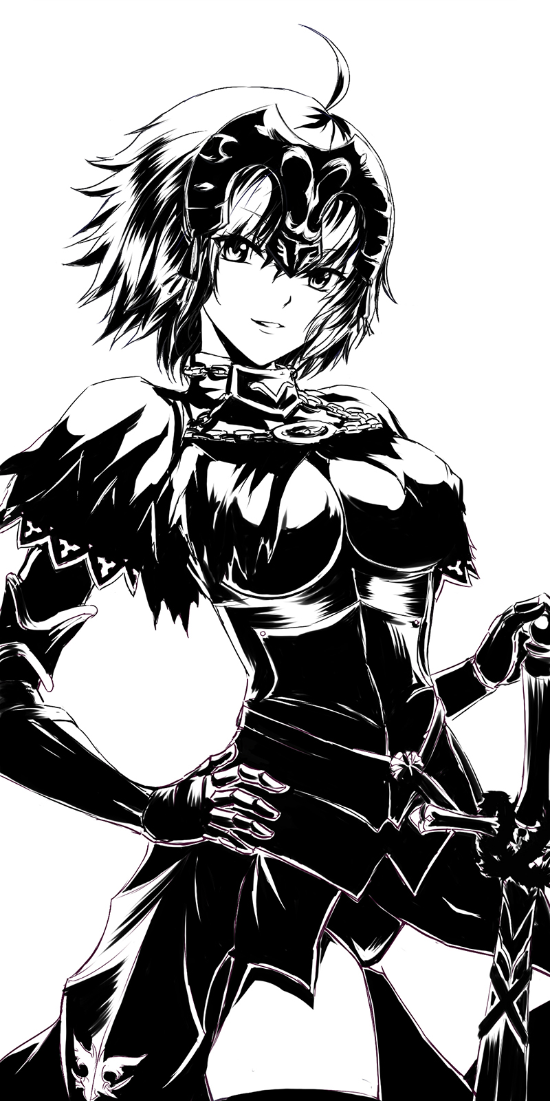 1girl ahoge armored_leotard breasts breasts_apart chains choker eyebrows_visible_through_hair fate/grand_order fate_(series) fengya greyscale hand_on_hilt hand_on_hip highres jeanne_d'arc_(alter)_(fate) jeanne_d'arc_(fate)_(all) large_breasts long_hair looking_at_viewer monochrome parted_lips short_hair smile solo thigh-highs