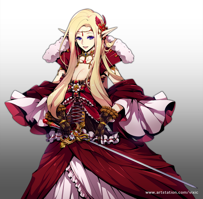 1girl blonde_hair blue_eyes bow breasts brown_gloves cleavage cross-laced_clothes detached_sleeves dress flower gloves gradient gradient_background grey_background hair_flower hair_ornament holding holding_sword holding_weapon jewelry long_hair medium_breasts official_art pointy_ears red_bow red_dress seikon_no_el_dorado standing sword vixi_c watermark weapon web_address