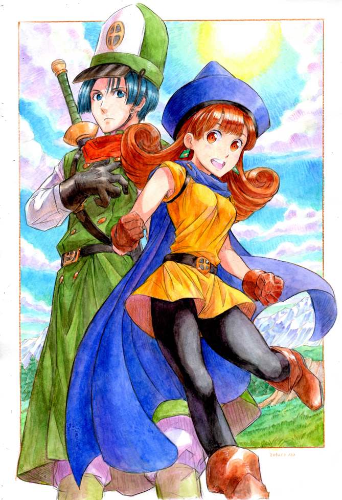 1boy 1girl alena_(dq4) breasts cape clift closed_mouth commentary_request curly_hair dragon_quest dragon_quest_iv dress gloves hat long_hair orange_hair pantyhose sio2_(nisankakeiso) skirt yellow_dress yellow_skirt