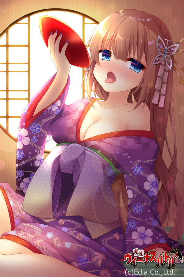 1girl arm_support arm_up bangs bare_shoulders blue_eyes blush breasts brown_hair butterfly_hair_ornament character_request checkered checkered_kimono cleavage collarbone commentary_request cup eyebrows_visible_through_hair fingernails floral_print hair_between_eyes hair_ornament holding indoors japanese_clothes kimono leaning_back long_hair long_sleeves looking_at_viewer maajan_venus_battle medium_breasts nail_polish nose_blush obi off_shoulder official_art open_mouth print_kimono purple_kimono purple_nails round_window sakazuki sash shikitani_asuka sitting solo tongue tongue_out very_long_hair wide_sleeves window