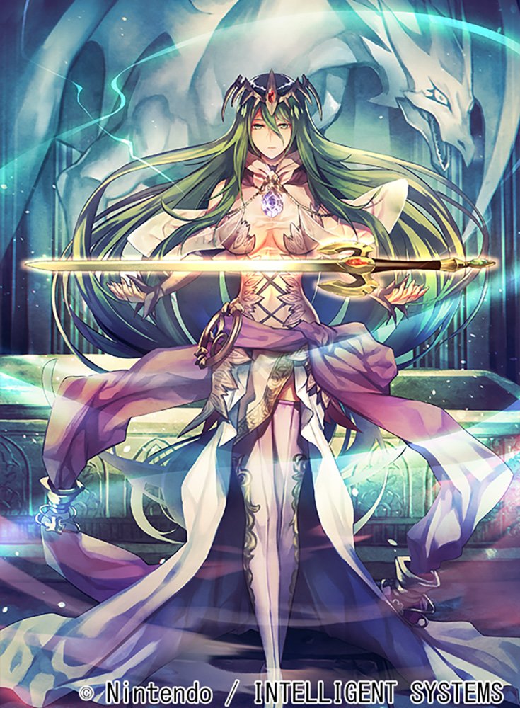 1girl bangs boots breasts closed_mouth commentary_request company_connection company_name copyright_name detached_sleeves dress falchion_(fire_emblem) fire_emblem fire_emblem:_mystery_of_the_emblem fire_emblem_cipher floating floating_object full_body glowing glowing_weapon green_eyes green_hair jewelry large_breasts long_hair nagahama_megumi nagi_(fire_emblem) official_art solo sword thigh-highs thigh_boots tiara weapon