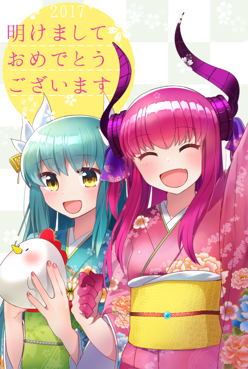 2017 2girls alternate_costume aqua_hair aqua_kimono bangs bird chicken closed_eyes commentary_request curled_horns doll dragon_horns elizabeth_bathory_(fate) elizabeth_bathory_(fate)_(all) facing_viewer fate/grand_order fate_(series) floral_print highres horns japanese_clothes kimono kiyohime_(fate/grand_order) looking_at_viewer multiple_girls obi open_mouth pink_hair pink_kimono sakana_(14894735) sash smile translated upper_body wide_sleeves yellow_eyes