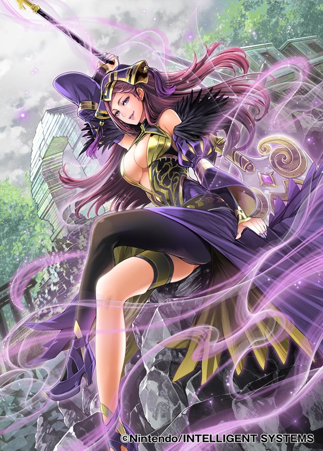 1girl arm_up arms_up aura bangs bare_shoulders breasts cleavage company_name copyright_name day dress dutch_angle feather_trim fingernails fire_emblem fire_emblem_cipher fire_emblem_heroes hat high_heels holding large_breasts legs_crossed lips lipstick loki_(fire_emblem_heroes) long_hair looking_at_viewer makeup nail_polish official_art outdoors parted_bangs parted_lips puffy_sleeves purple_hair single_thighhigh sitting sleeveless smile solo staff thigh-highs thigh_strap toyo_sao violet_eyes