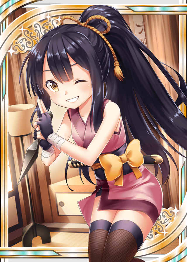 1girl age_regression akkijin black_hair card_(medium) fishnets indoors japanese_clothes kunai lamp ninja official_art one_eye_closed ponytail ribbon shinkai_no_valkyrie solo sword thigh-highs weapon yellow_eyes yellow_ribbon younger