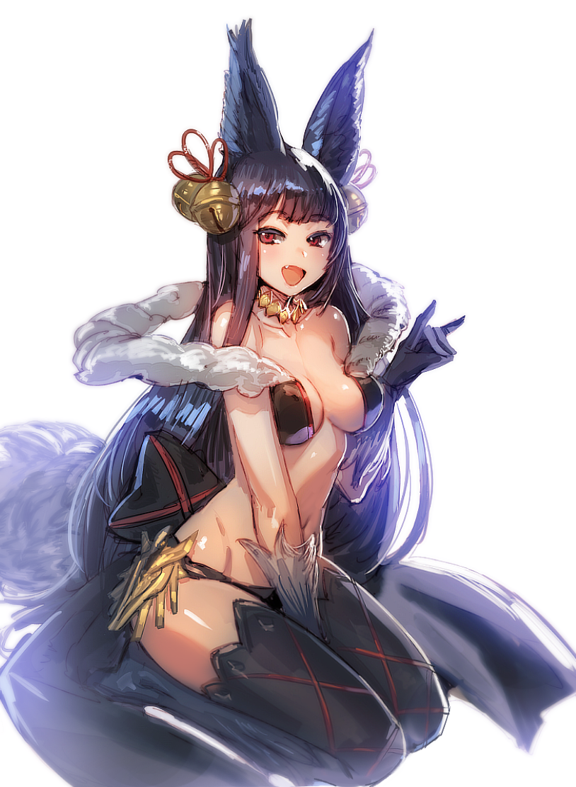 1girl :d animal_ears bangs bell black_gloves black_hair black_legwear blush bow_(bhp) breasts collarbone erune eyebrows_visible_through_hair fang fox_ears fox_shadow_puppet fox_tail gloves granblue_fantasy hair_bell hair_ornament jingle_bell large_breasts long_hair looking_at_viewer navel open_mouth red_eyes seiza simple_background sitting smile solo tail thigh-highs very_long_hair white_background yuel_(granblue_fantasy)